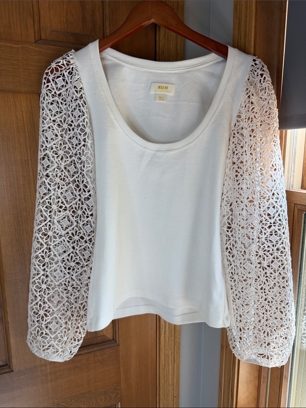 Anthropologie Maeve White Ribbed Lace Balloon Sleeve Top – Size Small